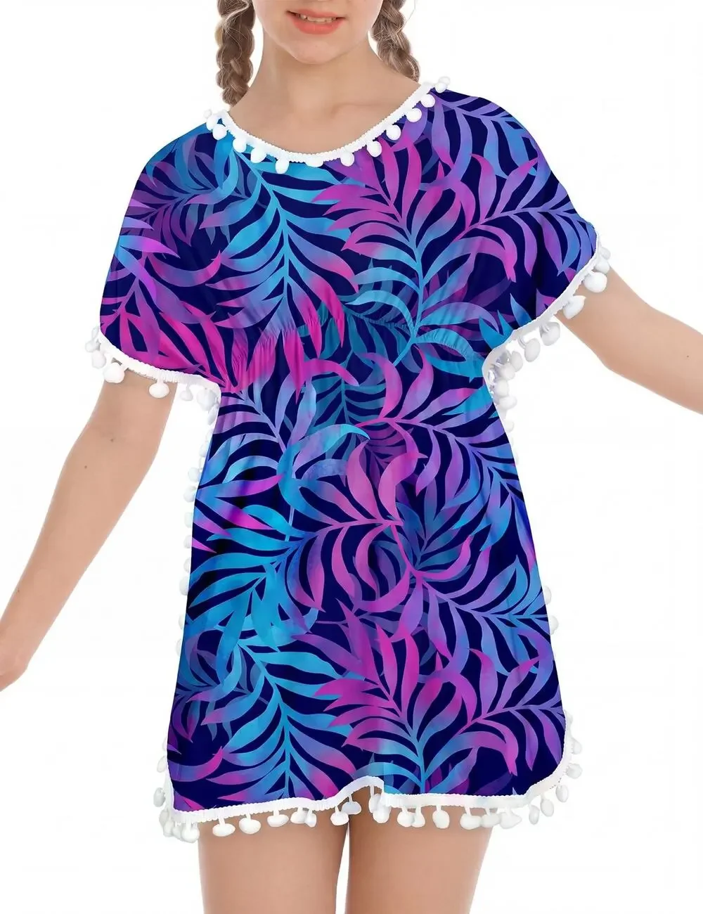 Nakamo Girls Kaftan Beach Cover Up Swim Dress Size 5/6 Multicolor Tropical Leaf